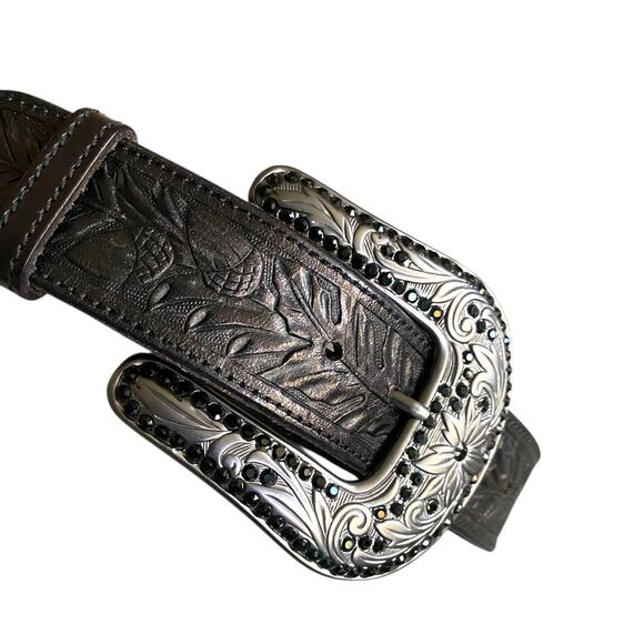 VTG Western Acorn Tooled Sz 32” Dark Brown Gun Metal Buckle Rhinestone Bling - Picture 2 of 12
